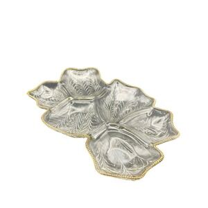 Vtg. Jeannette Feather Leaf Shaped Glass Relish Tray Gold Trim Elegant 6 Section